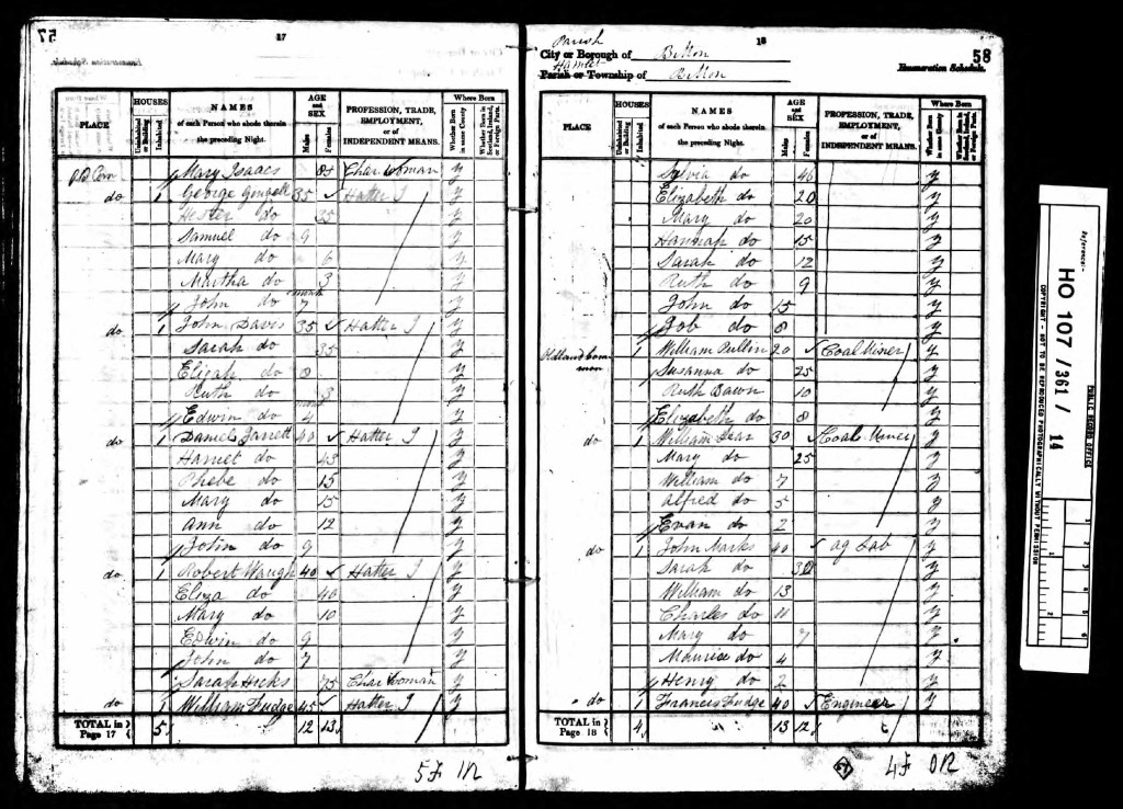 1841 - Robert Waugh, my great-great-great Grandfather, a hatter at home with his family in Bitton Gloucestershire.