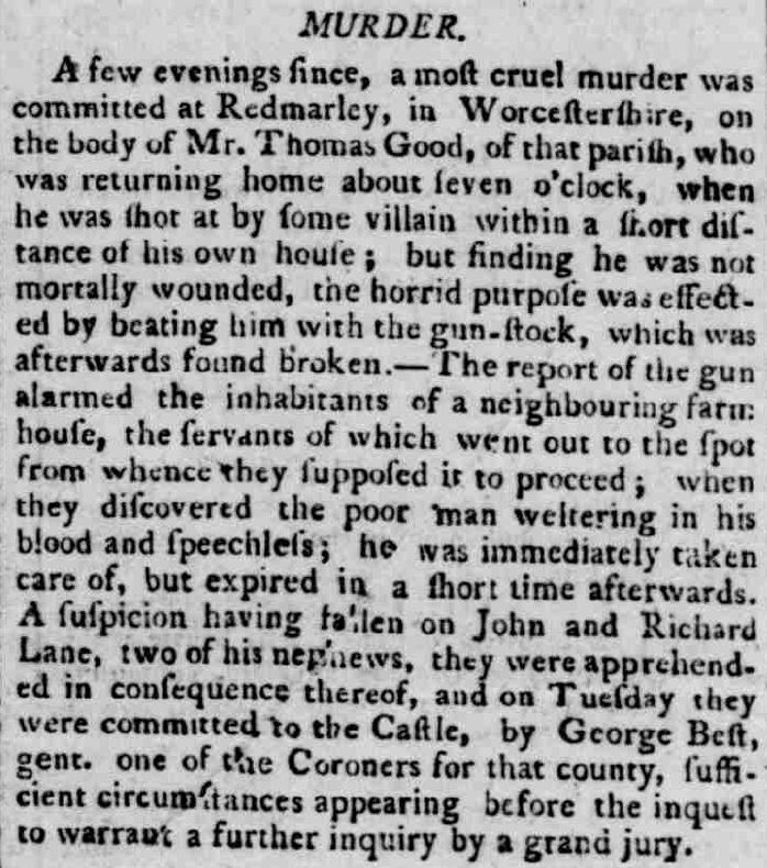 Murder Research Staffordshire Advertiser - Saturday 09 November 1799